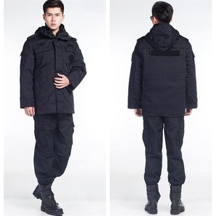 优选黑色特勤棉服冬季保安v工作服冬装加厚执勤大衣特勤标志棉袄