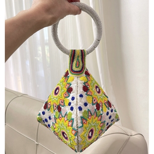 现货印度手工钉珠太阳手提袋珠绣亮片手环包串珠爱心手拎包饺子包