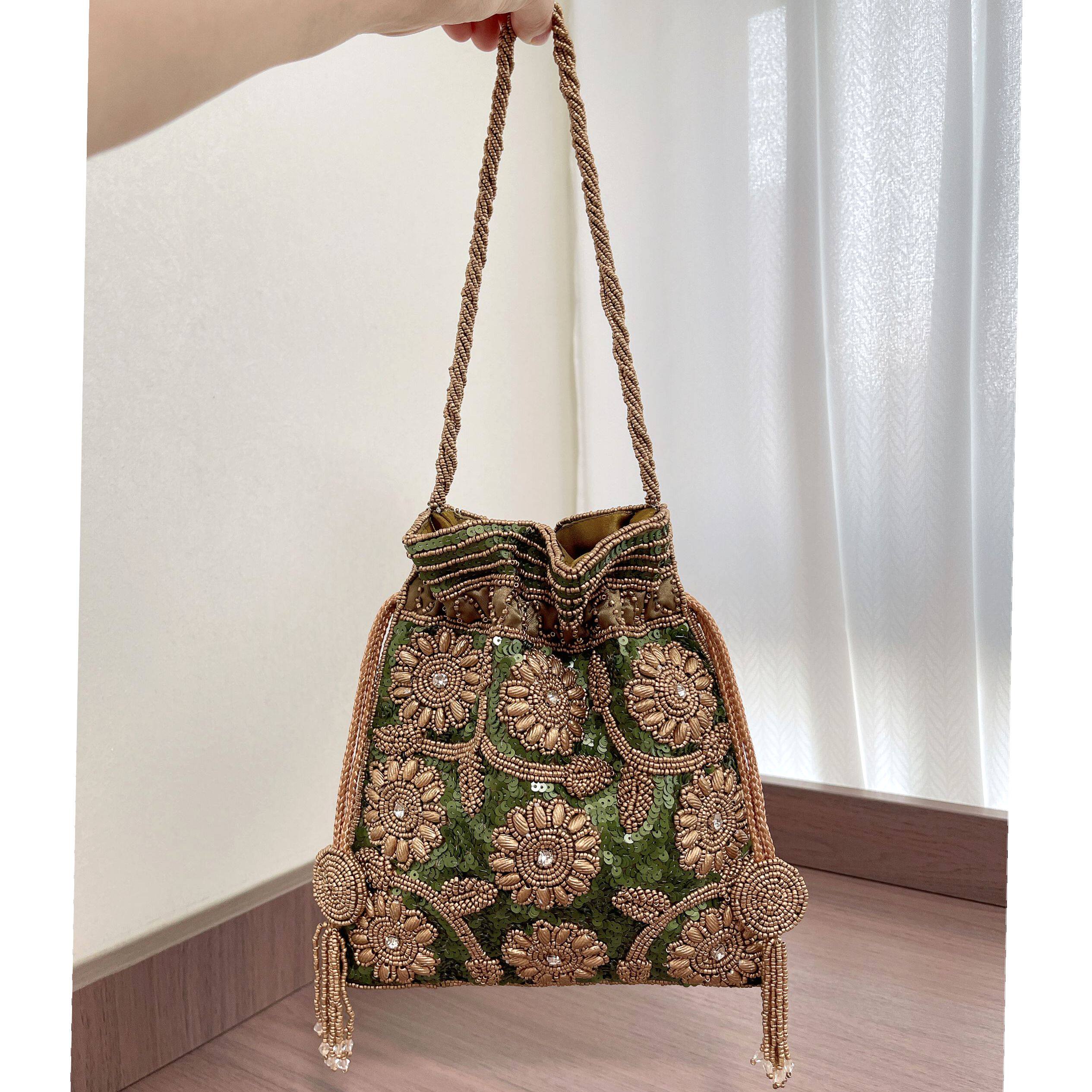 现现印度手工重工钉珠太阳花手提束口福袋珠绣亮片腋下包串珠手拎