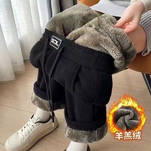 男士加绒加厚牛仔阔腿裤秋冬季运动宽松直筒裤卫裤休闲百搭男裤