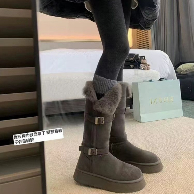 葡萄妈同款扣带厚底毛毛翻边两穿保暖棉鞋中长筒雪地靴女2025冬季