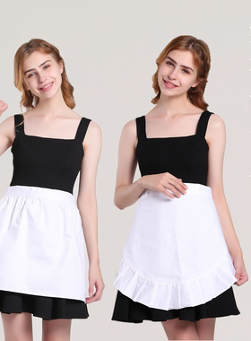 白色纯棉短围裙欧式花边女仆半身围裙服务员韩版围兜全棉半截时尚