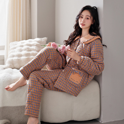 睡衣女冬季三层加厚加绒梭织纯棉夹棉家居服冬天女士棉袄保暖套装