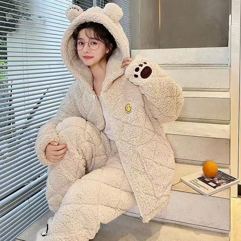 珊瑚绒睡衣女秋冬季新款可外穿加绒加厚保暖三层夹棉家居服
