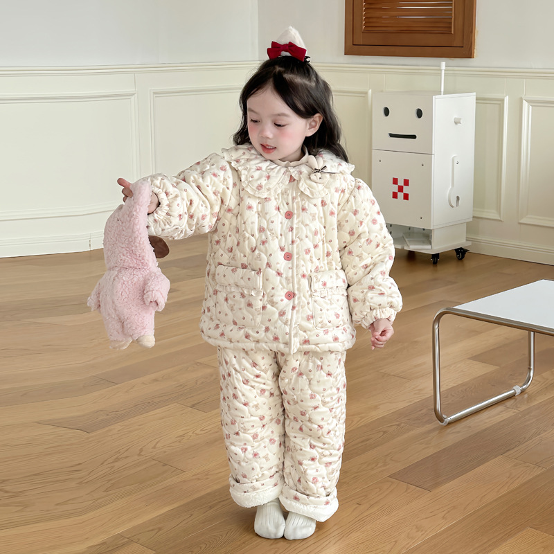 女童睡衣套装 新款洋气加厚加绒夹棉保暖卡通棉服 儿童家居服冬季