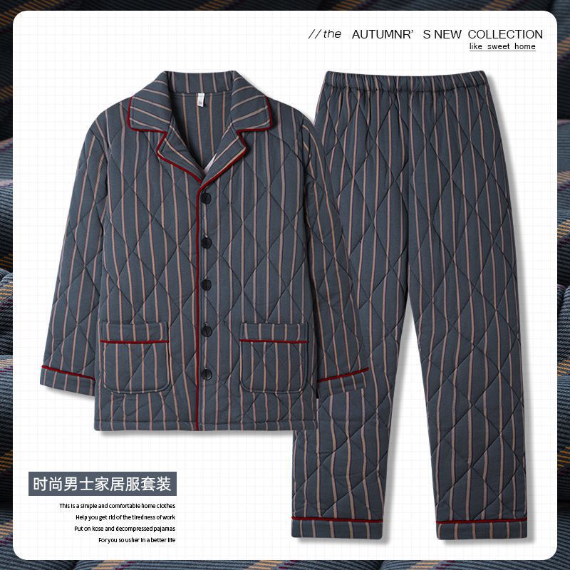 100%纯棉加厚睡衣男士冬季保暖三层夹棉大码男款家居服秋冬天套装