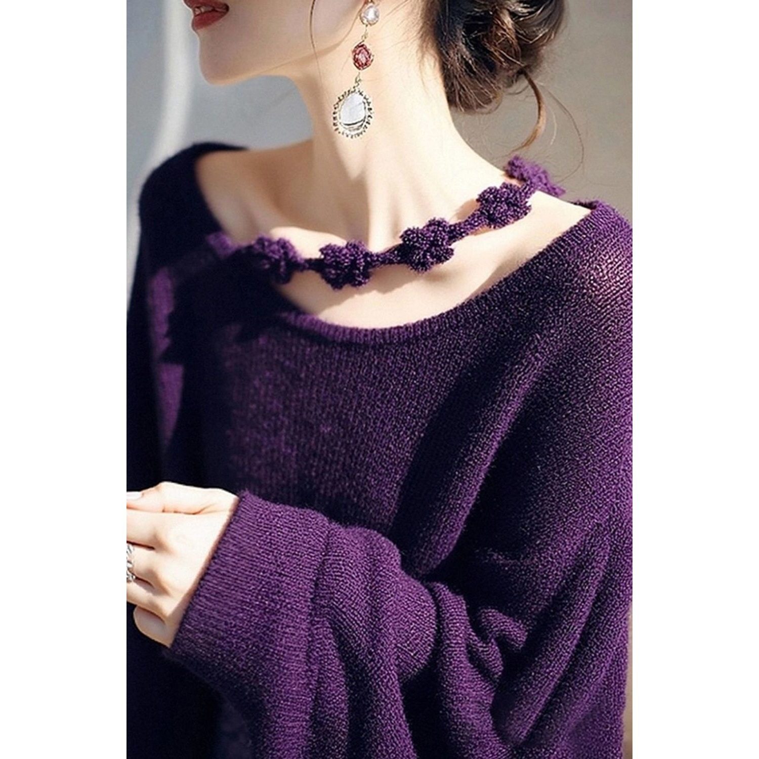 紫色软糯针织衫女慵懒感2025新款薄款韩系巨好看早秋穿搭上衣