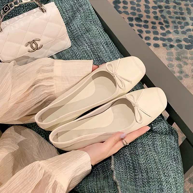 葡萄妈同款法式单鞋女蝴蝶结方头拼接浅口小香风中跟平底芭蕾鞋子