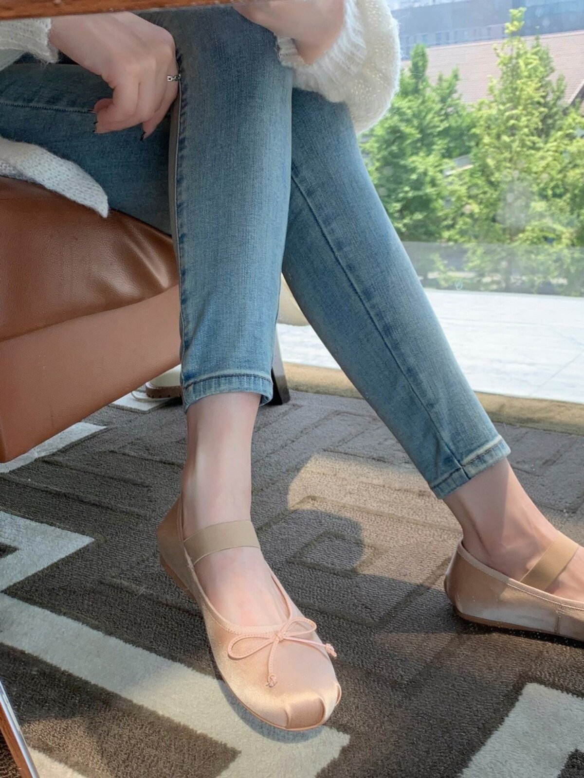 양피 발레 슈즈  가죽 프렌치 페어리 보우 새틴 라운드 투 슈즈 여성 플랫 발레 메리 제인 슈즈