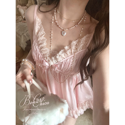 法式少女V领仿真丝缎面上衣吊带