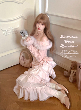 莉摩Bobon21 雪见回廊 多层荷叶边蕾丝针织长裙 B2451