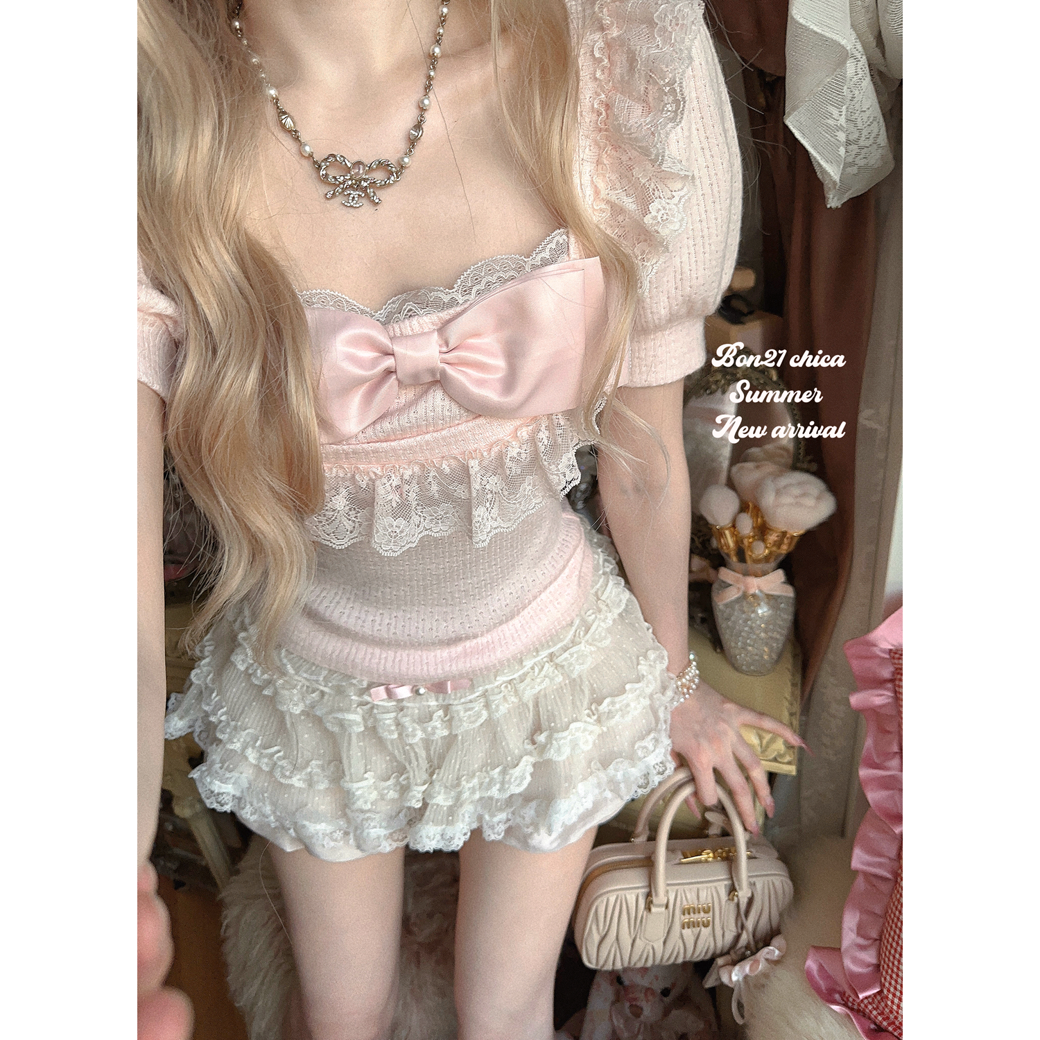 日系大蝴蝶结蕾圆领短袖针织衫