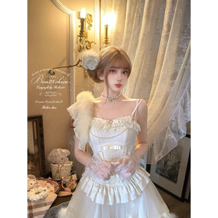 莉摩Bobon21 绒雪天鹅古董礼服裙吊带连衣裙 狐狸毛围脖AD2457