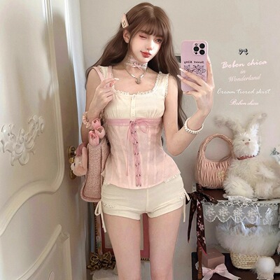 休闲奶欲塑腰拼接胸衣短裤套装