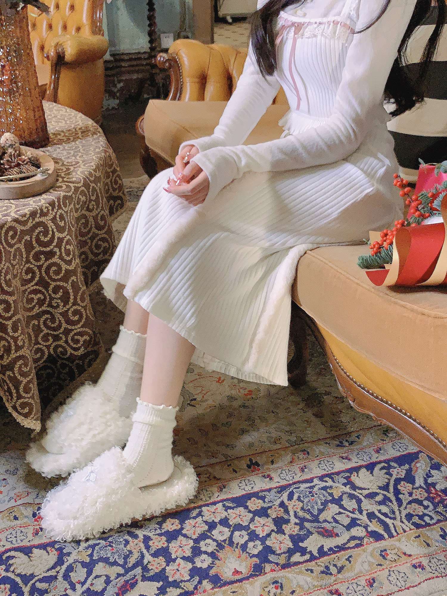 莉摩bobon21雪糯米冬季加厚毛绒拼接针织长裙挡风保暖半身裙b2207