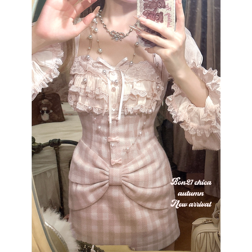 复古少女显瘦格子背心包臀裙