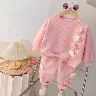 女童秋装 两件套宝宝衣服秋 卫衣套装 儿童甜美立体花朵上衣宽松卫裤