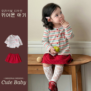 红色波点裙春款 条纹开衫 两件套外出服 上新套装 原创设计女宝春款