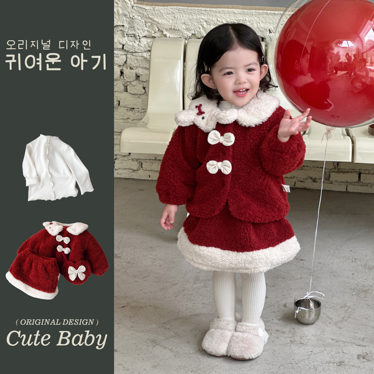 儿童冬装女童韩系小兔子套装夹棉长袖棉服周岁裙拜年服两件套外套