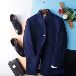 高端~HL35170海系列男款立领毛领商务休闲中长款羽绒毛呢大衣冬季