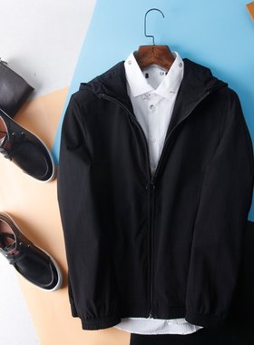 HL35166牛货D系列男款青年春秋连帽外套夹克薄款黑色四面弹力面料