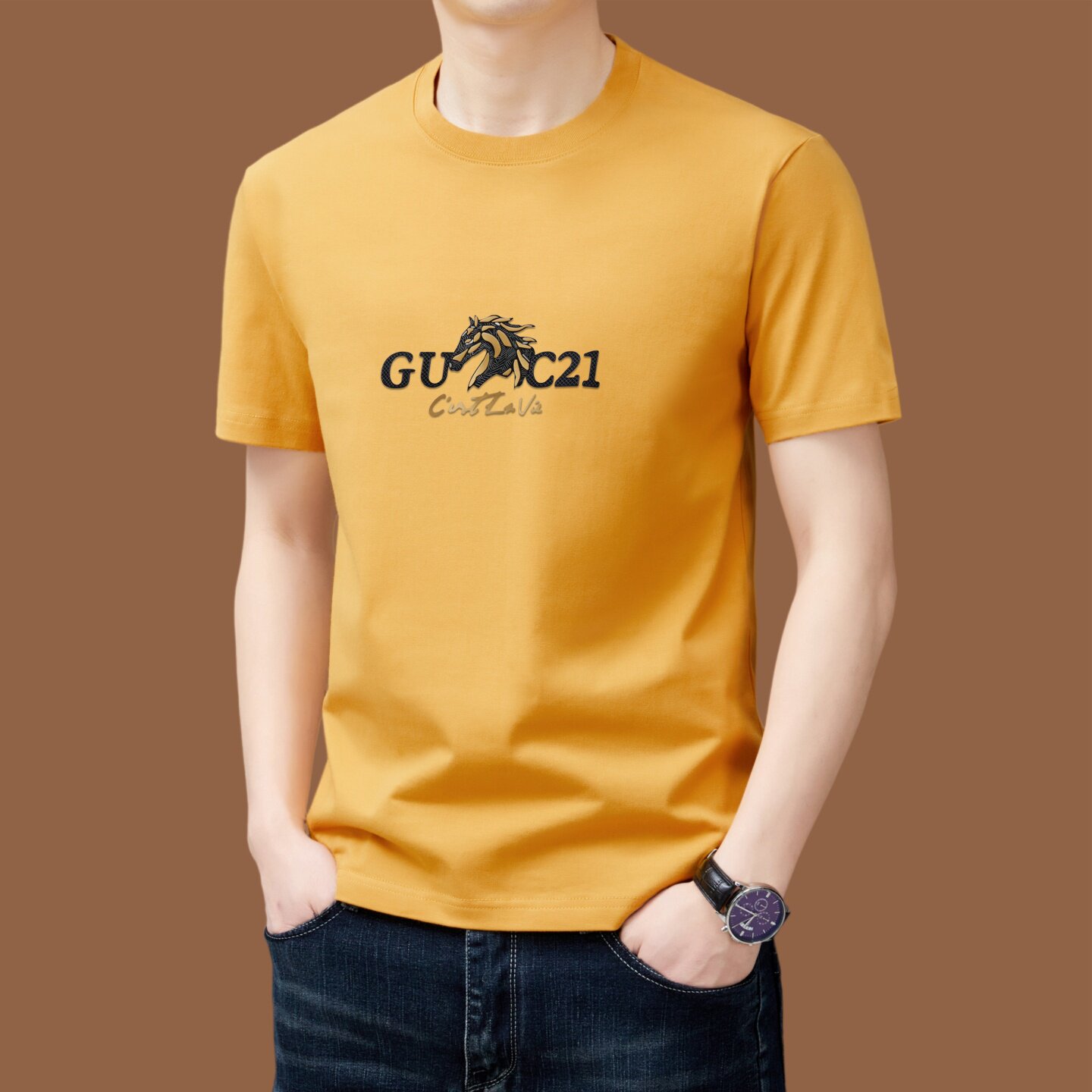 意大利品牌男士100%纯棉短袖t恤2026夏季新款圆领百搭宽松体恤衫