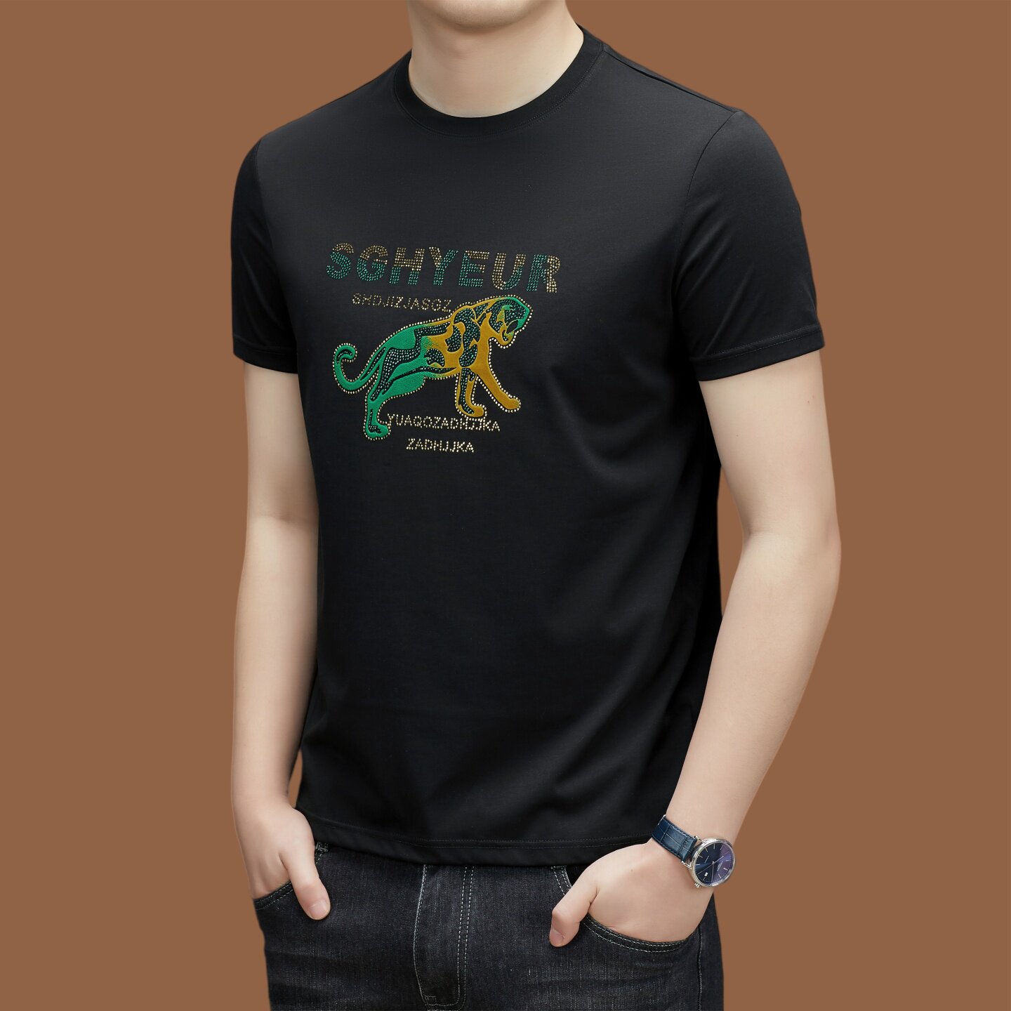 意大利品牌桑蚕丝短袖t恤男2026夏季圆领时尚潮流印花冰丝体恤衫