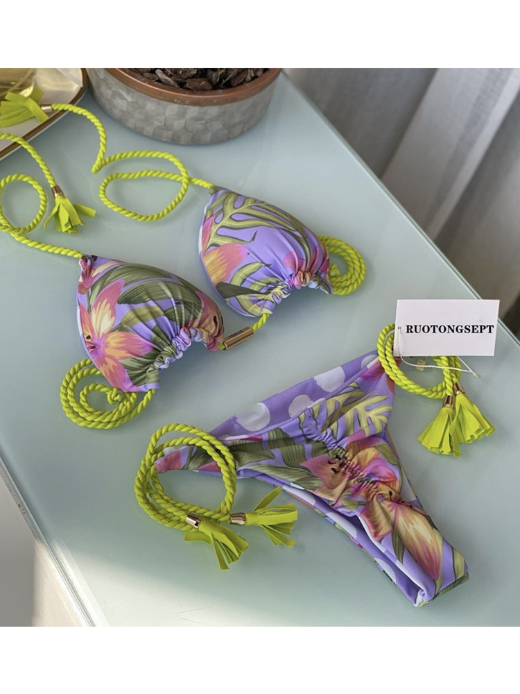 性感印花比基尼泳装分体式欧美款 带胸垫三角泳衣高弹性