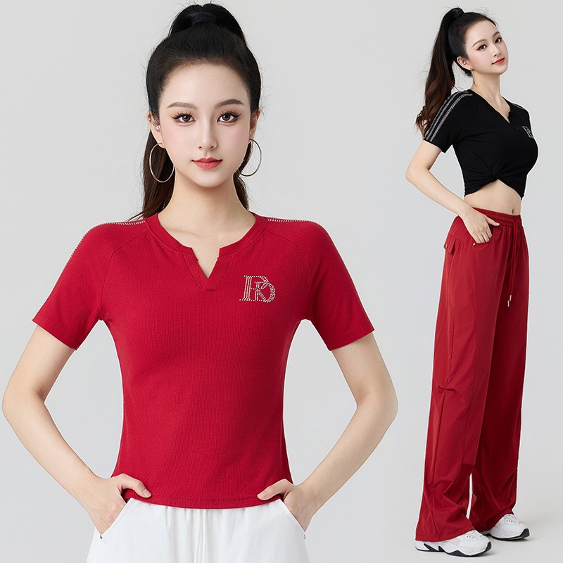跳舞健身烫钻小V领短袖T恤女广场舞健身跳操服显瘦休闲上衣舞蹈服