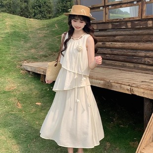 镂空圆领宽松显瘦度假风气质甜美中长裙子 不规则设计感连衣裙夏季