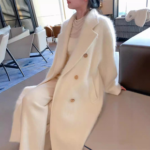 新年战袍拉毛100山羊绒长毛大衣女廓形双排扣白色宽松中长款外套