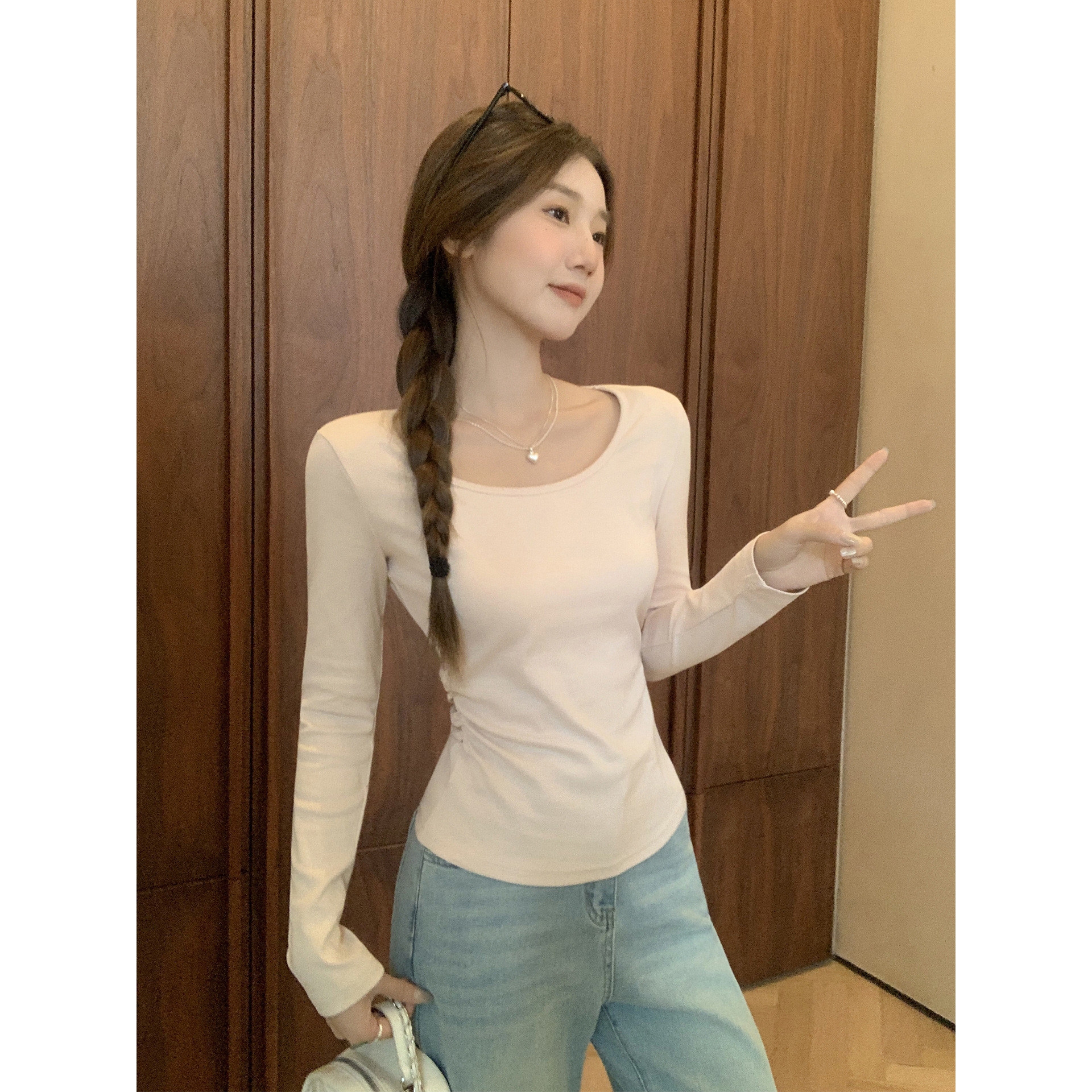 粉色打底衫长袖T恤女装内搭早秋氛围感穿搭褶皱收腰修身显瘦上衣