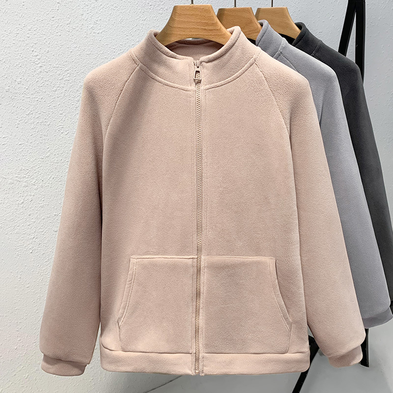 摇粒绒外套女秋冬2024新款加绒加厚保暖上衣宽松休闲立领开衫卫衣