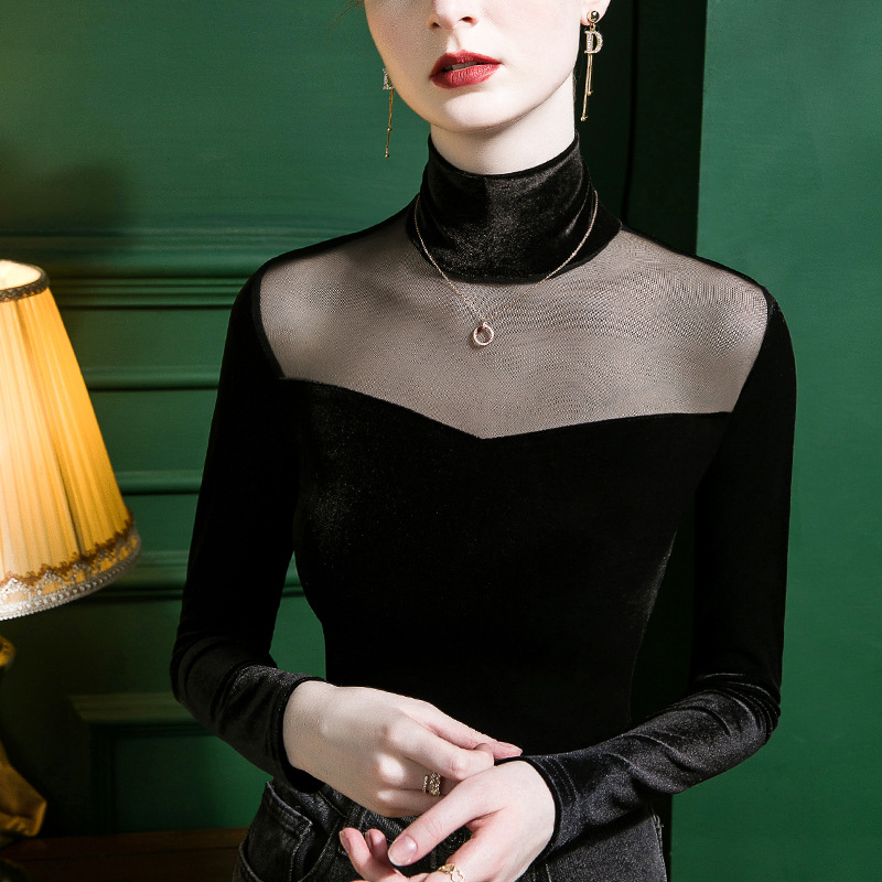 高领网纱拼接透视丝绒打底衫女修身性感2022秋冬内搭上衣冬季T恤