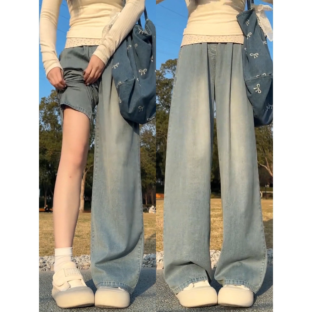 山本牛仔裤女秋冬2025新款垂感直筒宽松慵懒风小个子加绒阔腿裤子