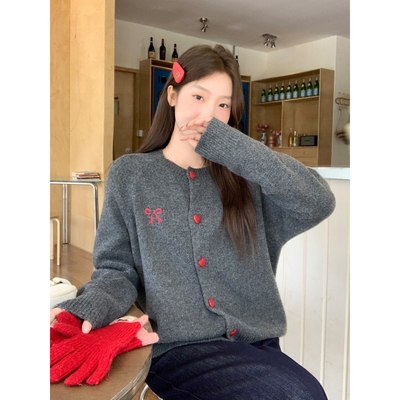 韩版蝴蝶结刺绣灰色长袖针织开衫女2025秋冬宽松慵懒毛衣外套上衣