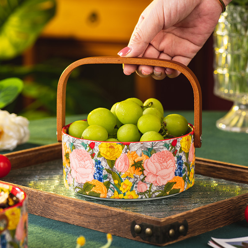 玫瑰手提水果篮客厅茶几家用糖果盒干果盘高颜值陶瓷果盘零食盘