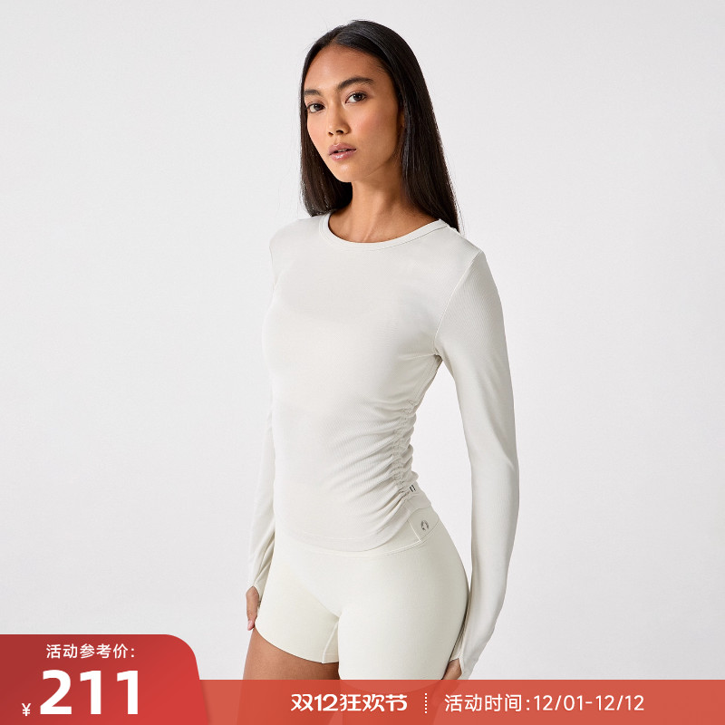 RESHAPE/重塑之路 砂洗圆领缩皱莫代尔打底衫运动长袖SideRuched