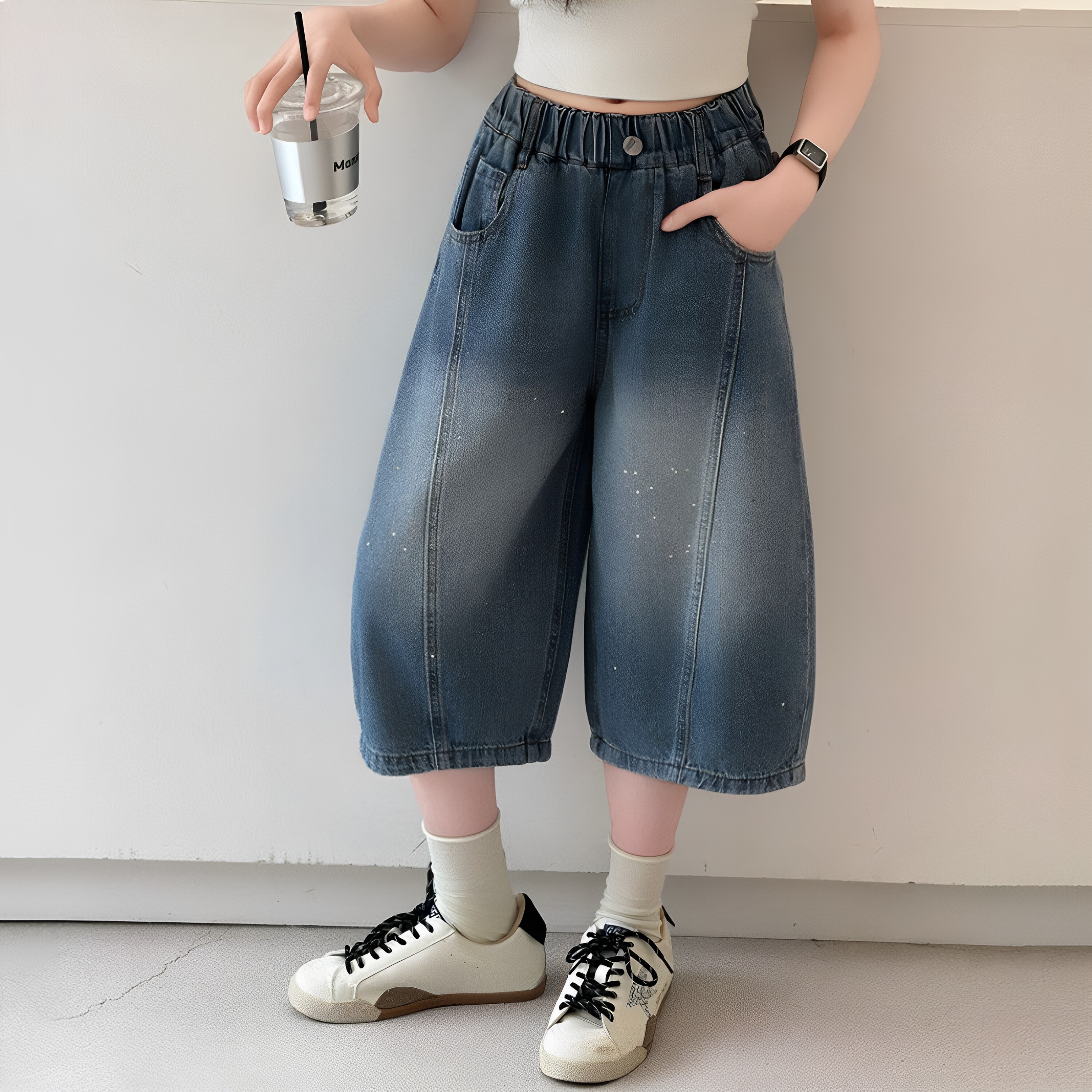 女童夏季撒银牛仔七分裤中大童韩范时髦穿搭短裤女孩夏日百搭中裤