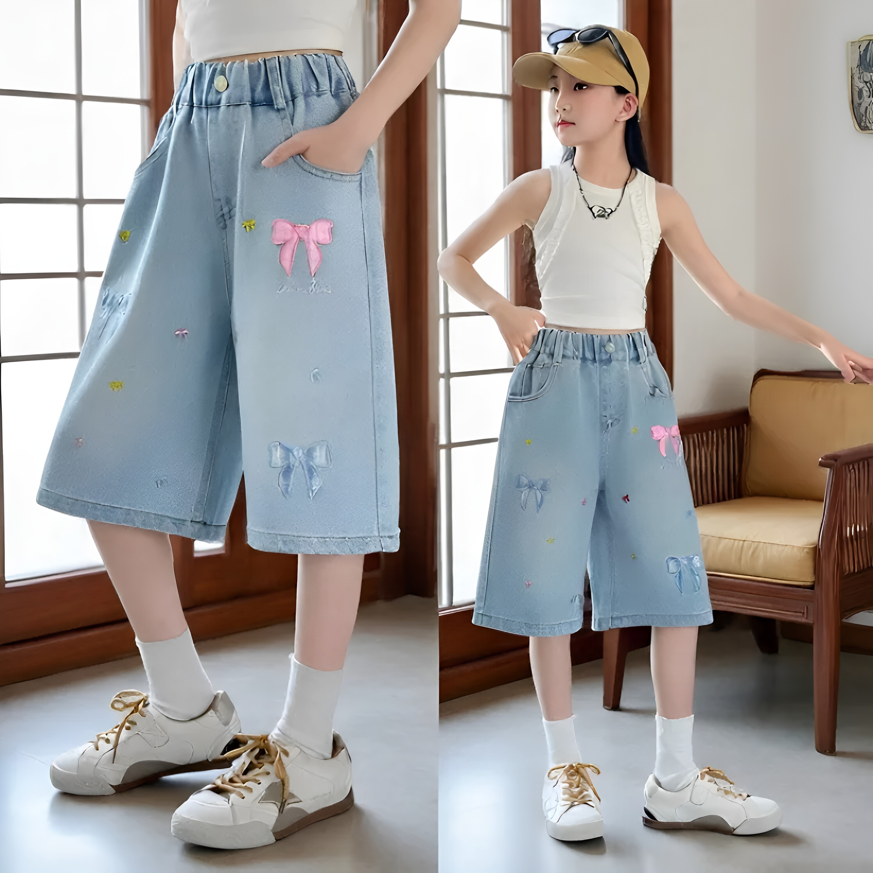 女童牛仔蝴蝶结五分短裤夏季