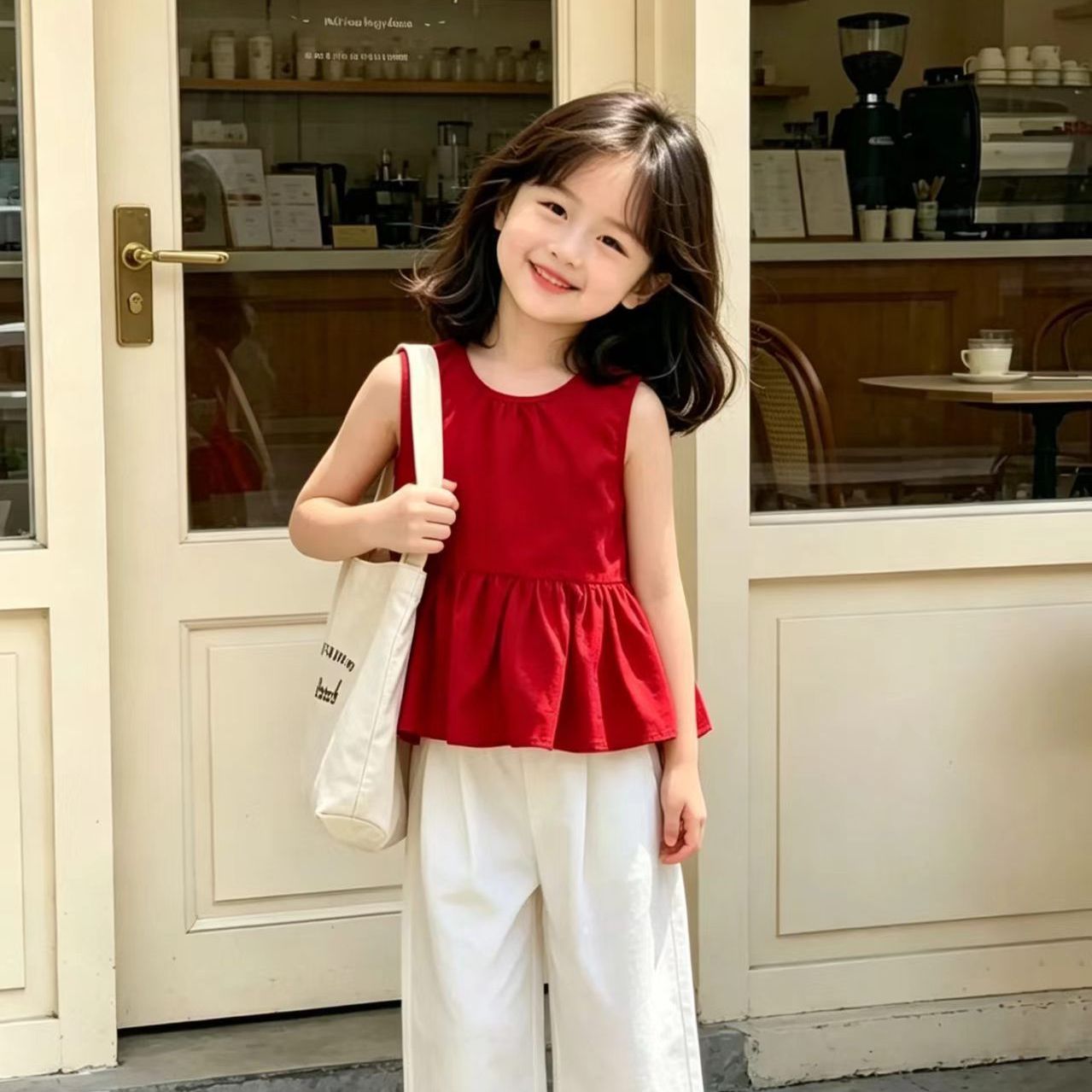 女童夏季红色无袖荷叶边娃娃衫