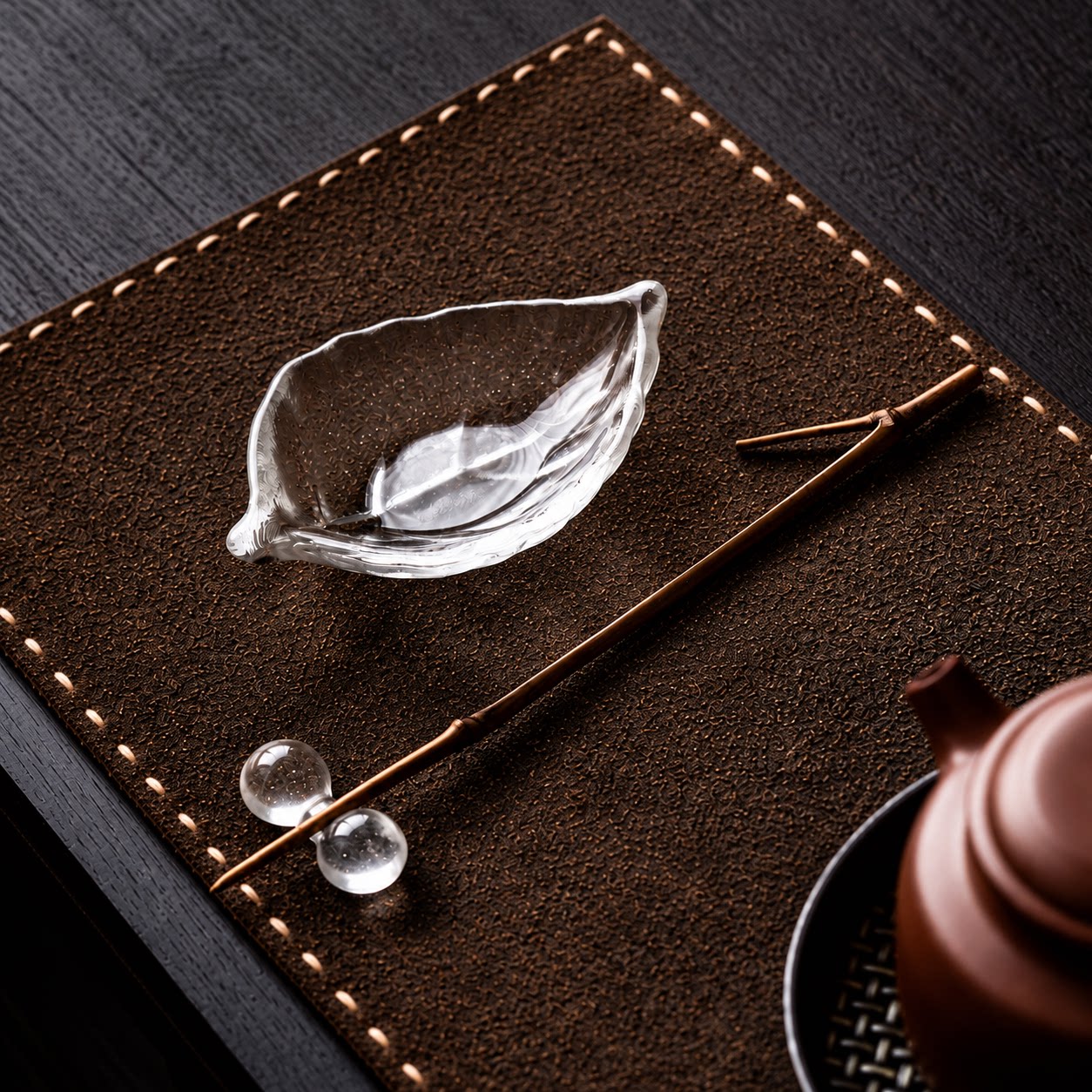 磐皿｜一叶扁舟高档水晶玻璃树叶小茶则茶道配件茶荷茶拨家用茶针