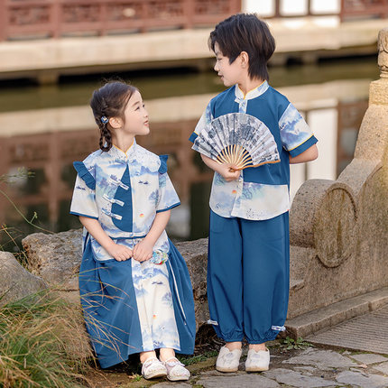 2025新款夏季汉服中国风男女童中式古装套装国学服表演服薄款舒适