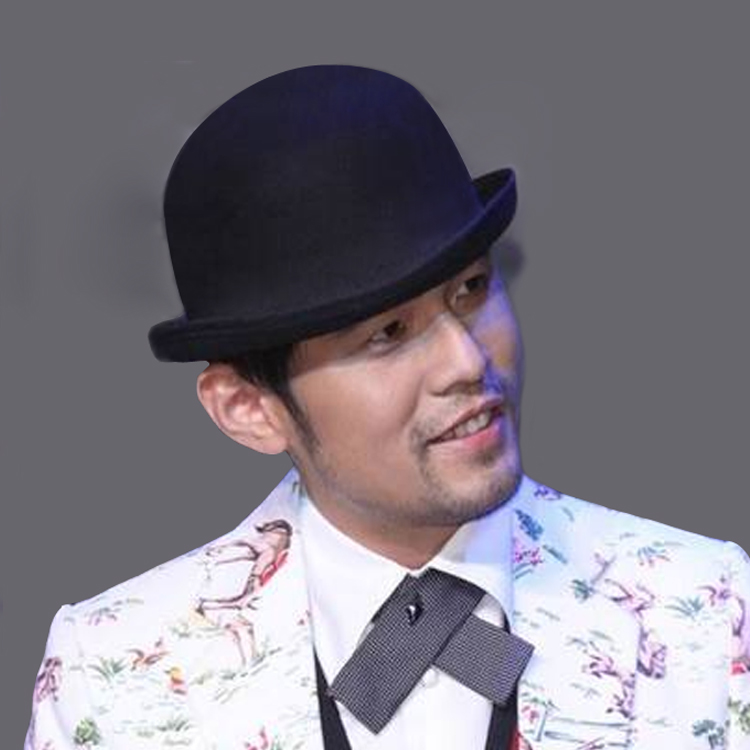 同款帽子男潮街头小众春秋韩版黑色时尚卷边圆顶毛呢小礼帽