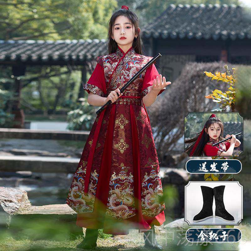 正品女花古木兰童服装儿童汉服o夏季短袖中国风女侠剑客cs将军装