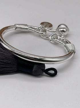 正品纯银手雪工银镯99足银定制9实心圆手条开口马蹄形白银花银镯