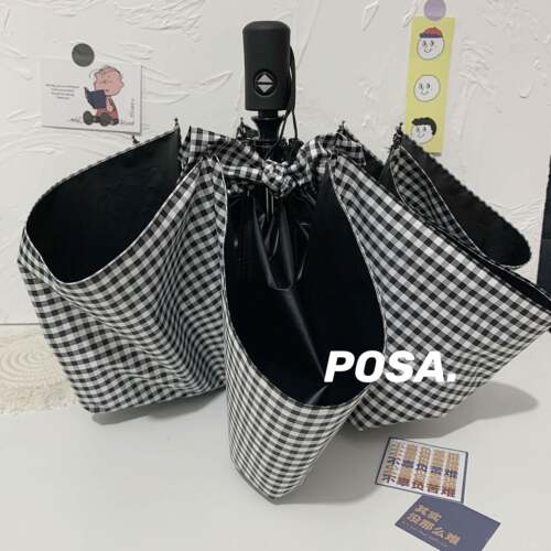 正品msho黑白用格子ins欲系禁女全自动三晴折叠黑胶防晒雨便携两