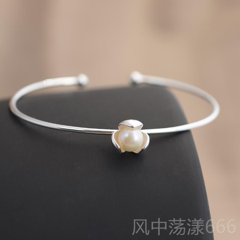 正品镯s925纯银手镯女银子珍珠芙蓉清新简细约森系款花复古风新款
