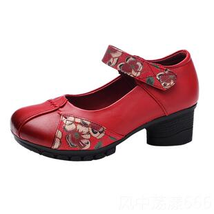 正品春秋季女鞋真皮粗跟妈妈鞋圆头手民皮风中年女鞋高工族跟女士
