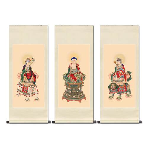 正品工笔人物国画释迦三尊华严三圣文殊普贤菩萨画像玄关中式卷轴